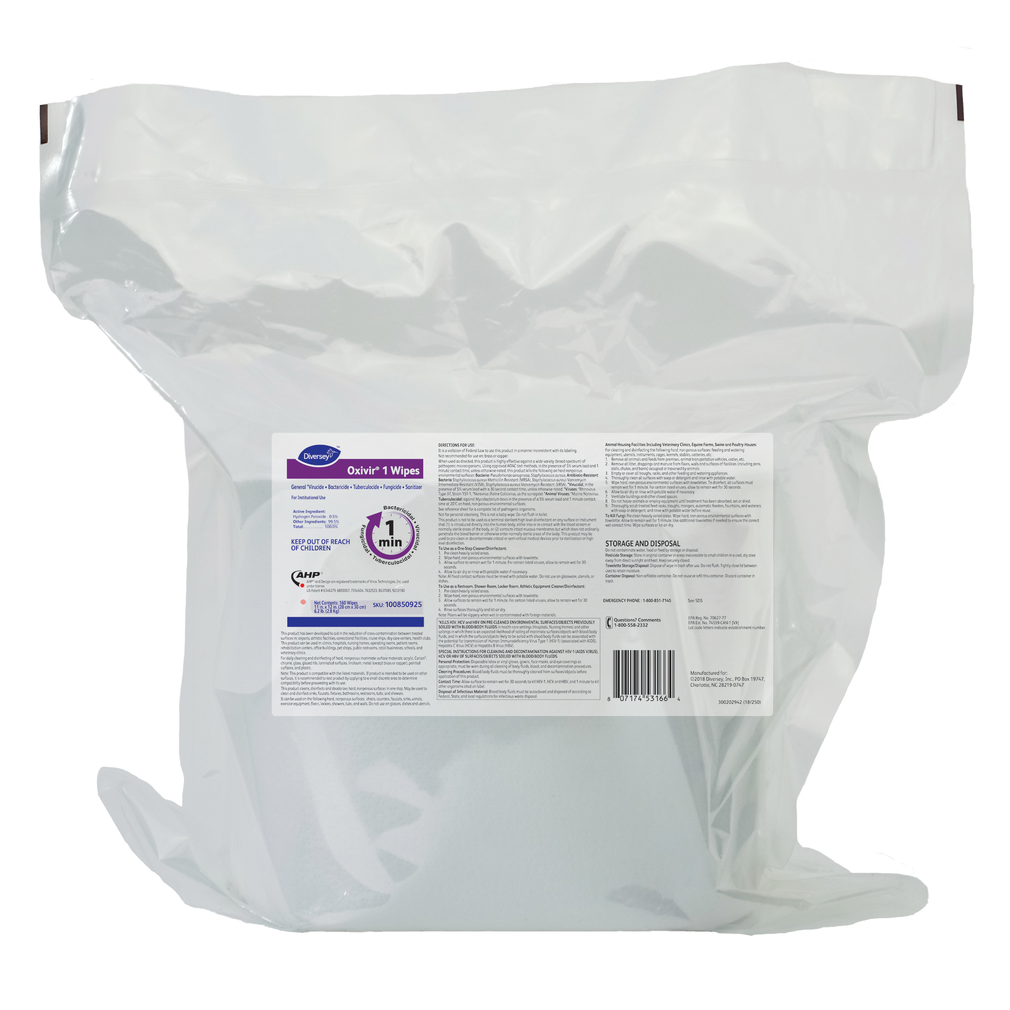 Diversey Oxivir 1 One Minute Disinfecting and Sanitizing Cleaning Wipes Refill 100850925 - 160 wipes per refill, 4 refills per case