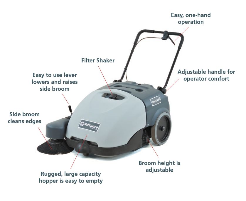 Advance Terra 28B 28" Walk Behind Sweeper with Gel Battery and OnBoard