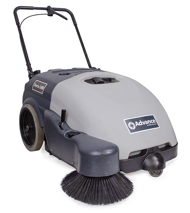 Used Advance Terra 28B 28" Walk Behind Sweeper with Gel Battery and On