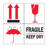 4" x 4" White with Red & Black "Fragile - Keep Dry" Labels