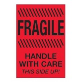 4" x 6" Fluorescent Red "Fragile - Handle With Care - This Side Up" Labels