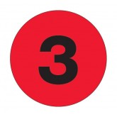 4" Circle Fluorescent Red "3" Number Labels