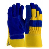 Split Cowhide Leather Palm Rubberized Safety Cuff Glove with Fabric Back & Fleece Pile Lining - Extra Large, Yellow/Blue