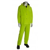 Base35 Premium Hi-Vis 3-Piece PVC/Polyester Rainsuit with Bib Overalls and Corduroy Collar  - Green, Small